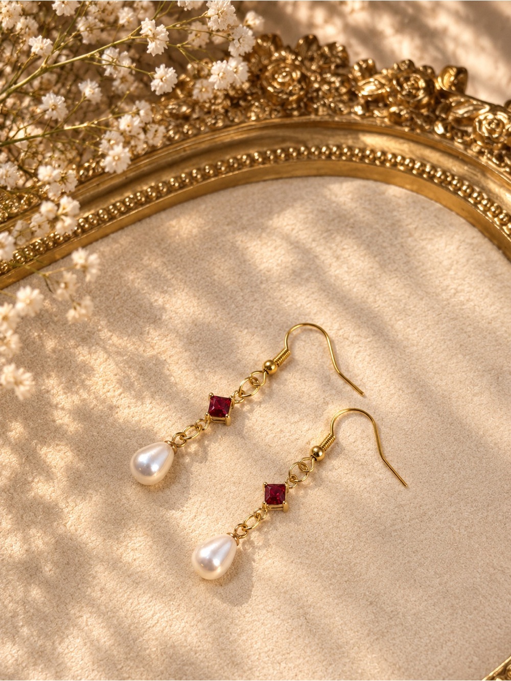 Gold Pearl Drop Earrings with Red Gem Accent